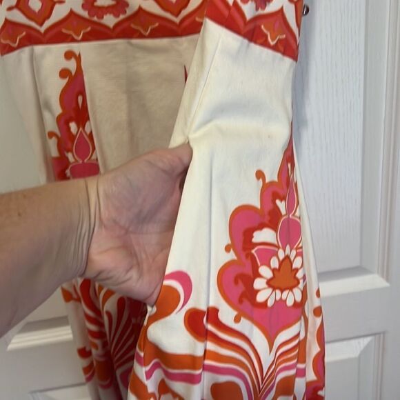 Maggy London Fit and Flare Cream Dress with Pink and Orange embellishments - Picture 6 of 8